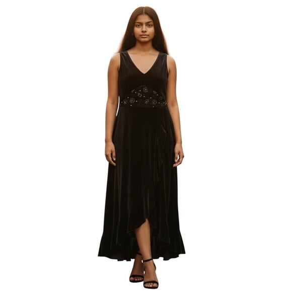 Vintage Y2K Black Velvet Beaded Midi Dress – Size Small - Picture 1 of 7